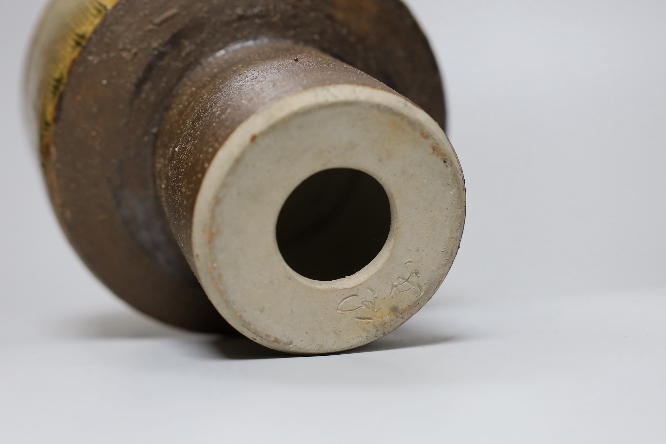 Ruth Sulke - two studio glazed stoneware ‘mushroom’ vases, together with a small studio pottery jardiniere, tallest 21cm